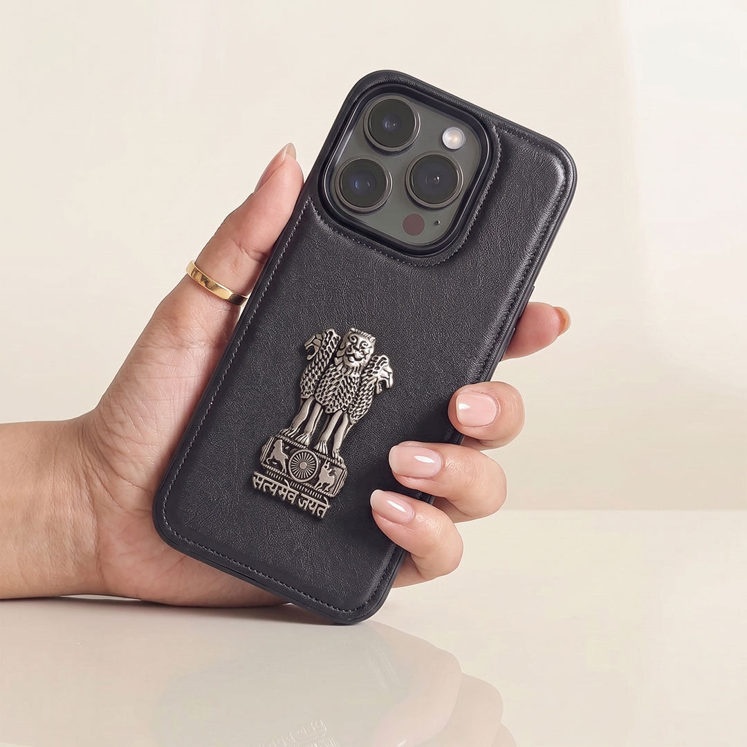 iPhone 13 Series 5G Skin Feel Leather Metal Satyamev Jayate Emblem Case