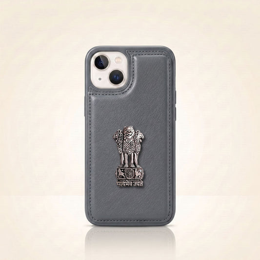iPhone 15 Series 5G Leather Touch Metal Satyamev Jayate Emblem Case