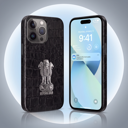 iPhone 15 Pro 5G Crocodile Texture Hard With Metal Satyamev Jayate Emblem Case