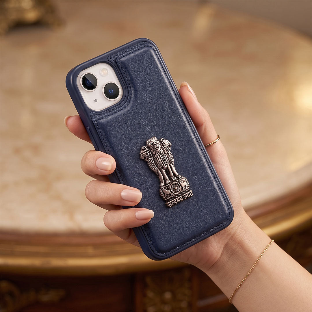 iPhone 14 Series 5G Skin Feel Leather Metal Satyamev Jayate Emblem Case