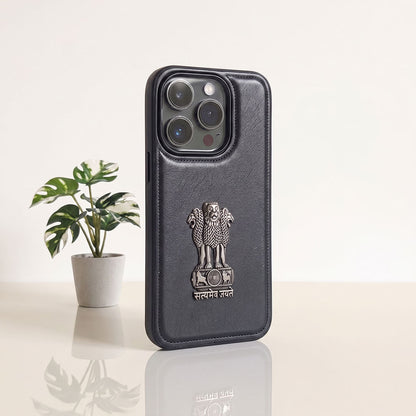 iPhone 14 Series 5G Skin Feel Leather Metal Satyamev Jayate Emblem Case