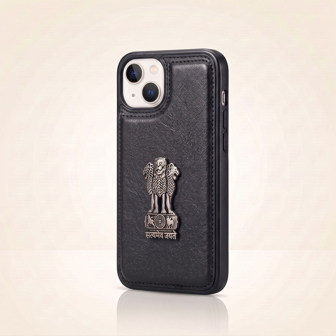 iPhone 15 Series 5G Skin Feel Leather Metal Satyamev Jayate Emblem Case