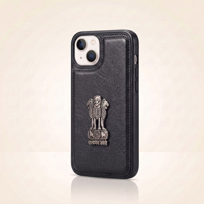 iPhone 15 Series 5G Skin Feel Leather Metal Satyamev Jayate Emblem Case