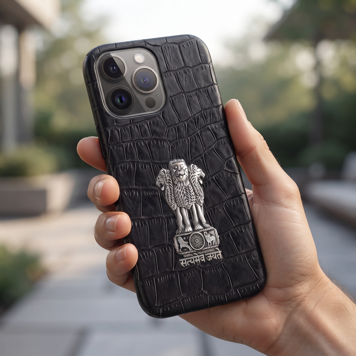 iPhone 15 Pro 5G Crocodile Texture Hard With Metal Satyamev Jayate Emblem Case