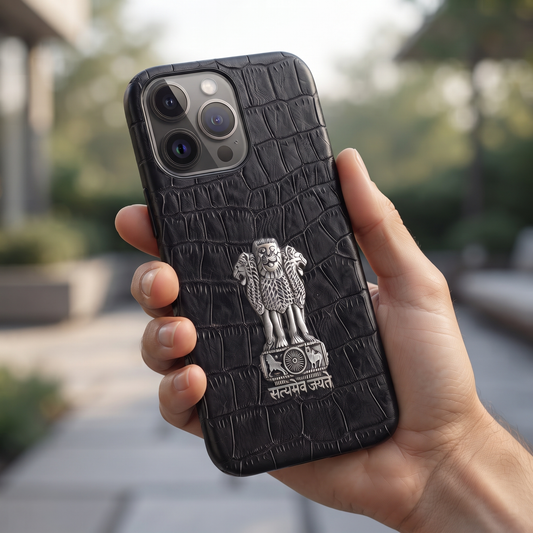 iPhone 15 Pro 5G Crocodile Texture Hard With Metal Satyamev Jayate Emblem Case