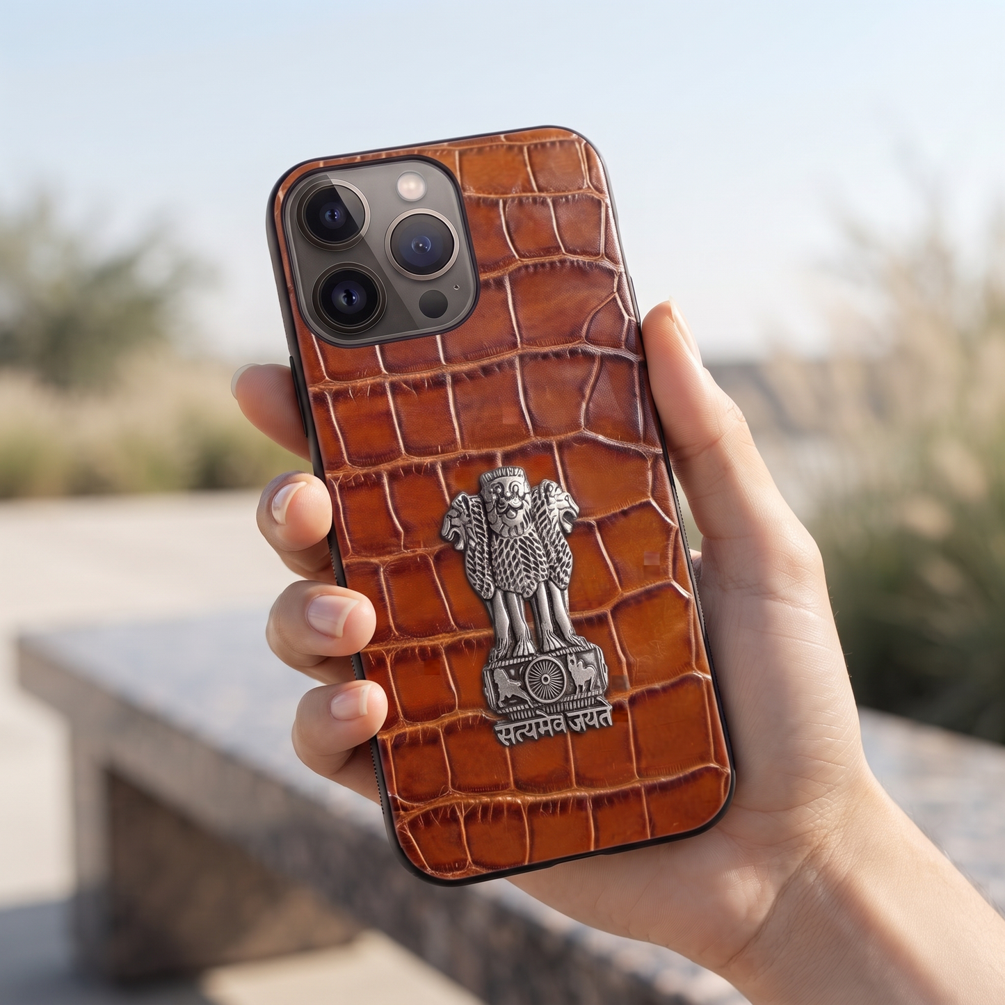 iPhone 15 Pro 5G Crocodile Texture Hard With Metal Satyamev Jayate Emblem Case