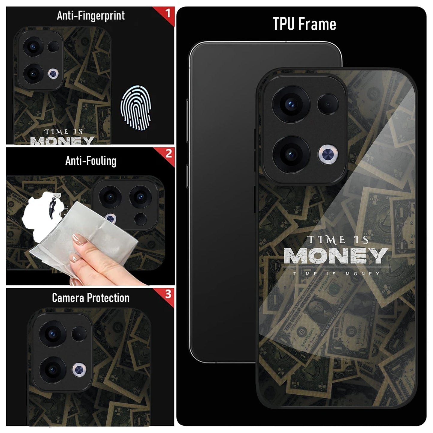 Oppo Reno 13 5G Premium Acrylic Shockproof Glass Back Case (Time is Money)