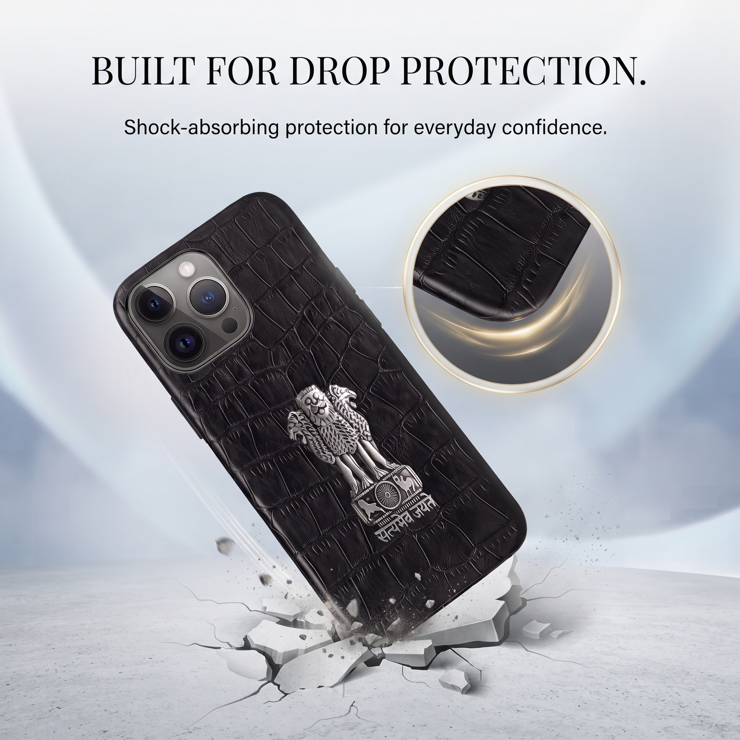 iPhone 15 Pro 5G Crocodile Texture Hard With Metal Satyamev Jayate Emblem Case