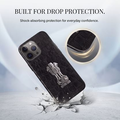 iPhone 15 Pro 5G Crocodile Texture Hard With Metal Satyamev Jayate Emblem Case