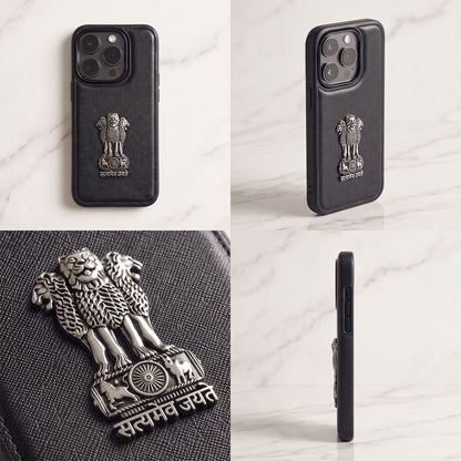 iPhone 13 Series 5G Skin Feel Leather Metal Satyamev Jayate Emblem Case