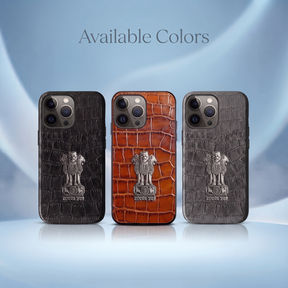iPhone 15 Pro 5G Crocodile Texture Hard With Metal Satyamev Jayate Emblem Case