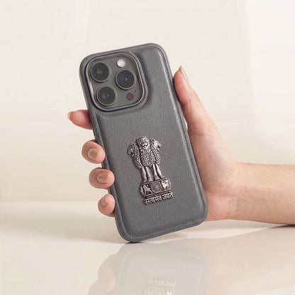 iPhone 15 Series 5G Skin Feel Leather Metal Satyamev Jayate Emblem Case
