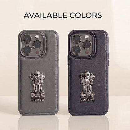 iPhone 13 Series 5G Skin Feel Leather Metal Satyamev Jayate Emblem Case