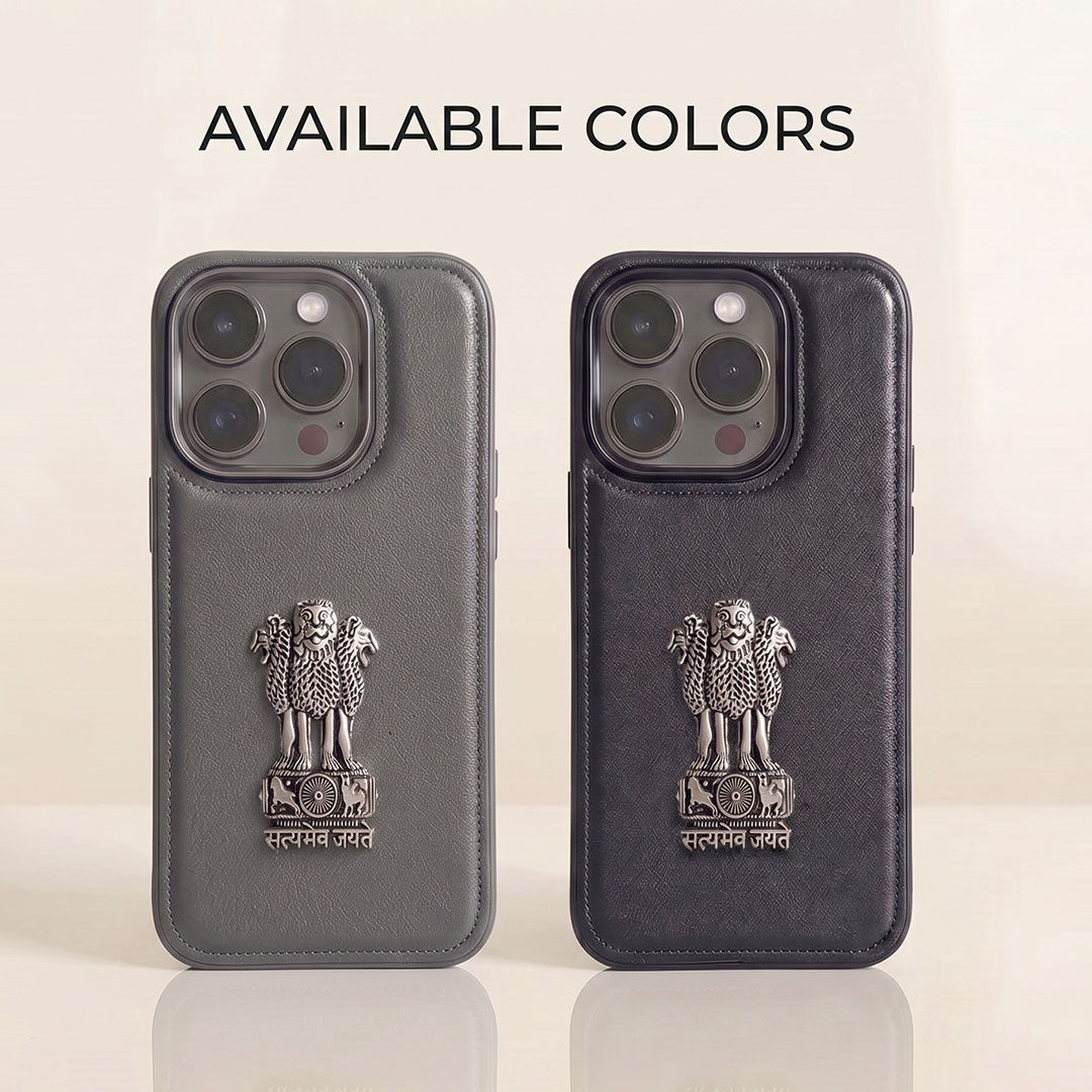 iPhone 16 Series 5G Skin Feel Leather Metal Satyamev Jayate Emblem Case