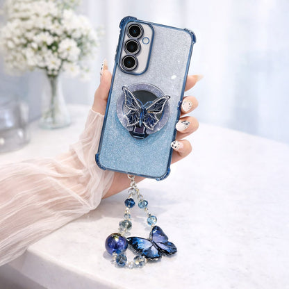 Samsung Galaxy A56 5G Shockproof Shimmer Butterfly Stand Case with Charm Strap