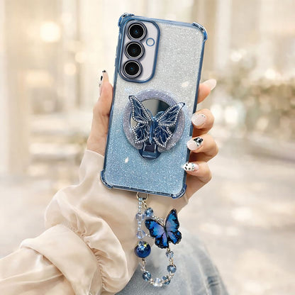 Samsung Galaxy A36 5G Shockproof Shimmer Butterfly Stand Case with Charm Strap