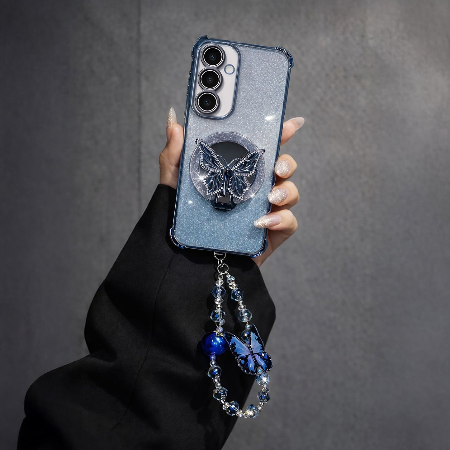 Samsung Galaxy A36 5G Shockproof Shimmer Butterfly Stand Case with Charm Strap