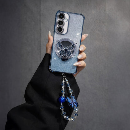 Samsung Galaxy A36 5G Shockproof Shimmer Butterfly Stand Case with Charm Strap