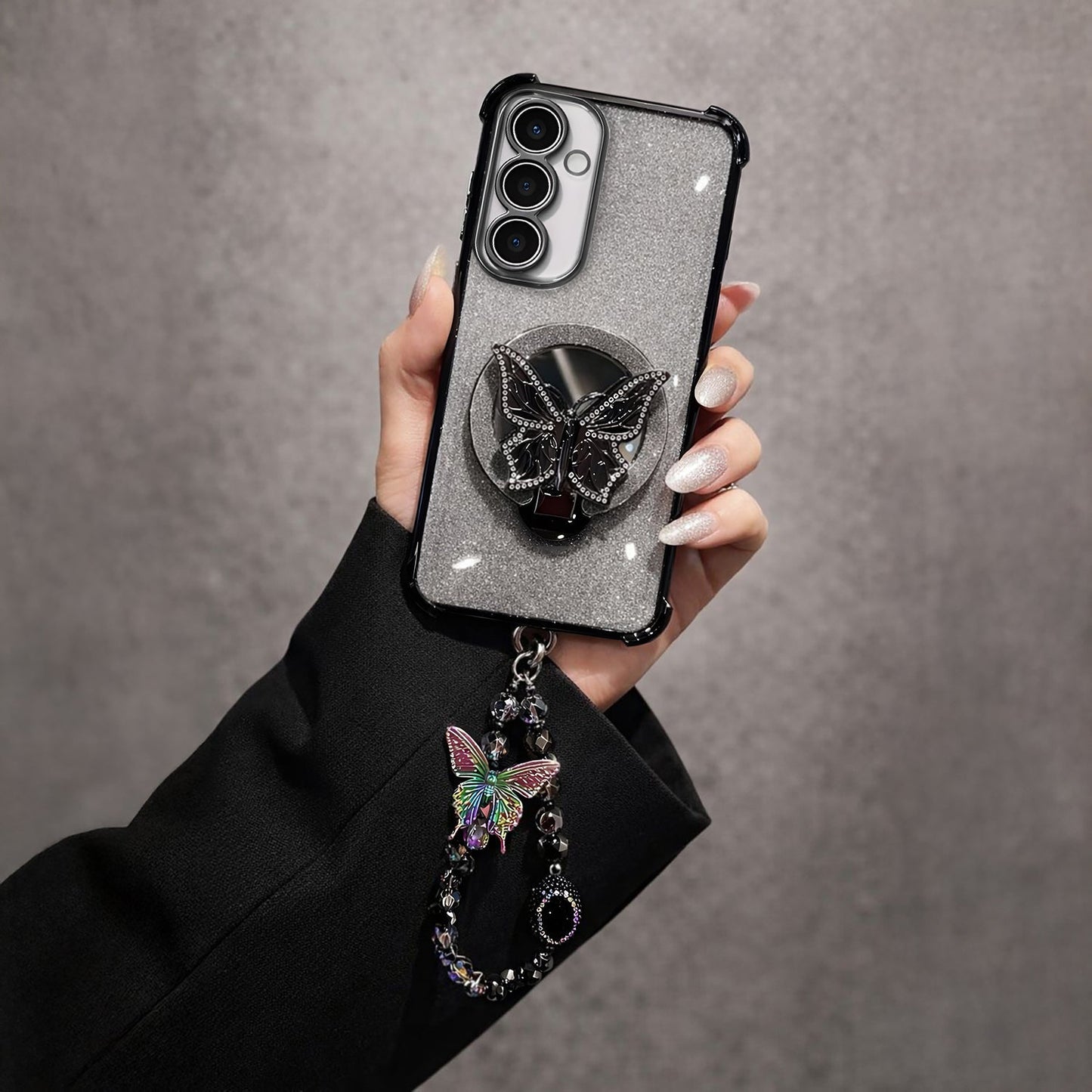 Samsung Galaxy A36 5G Shockproof Shimmer Butterfly Stand Case with Charm Strap