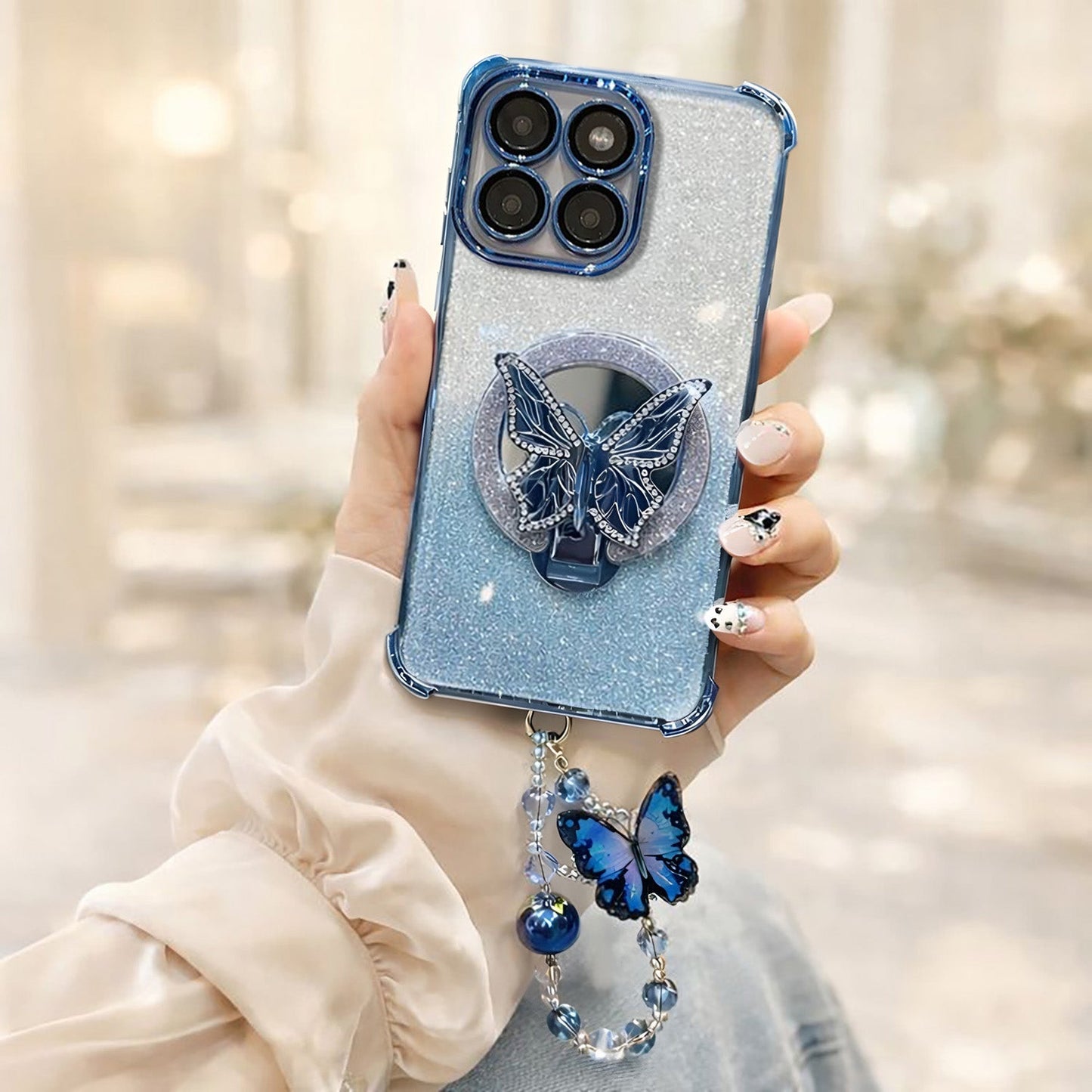 Motorola Edge 60 Pro 5G Shockproof Shimmer Butterfly Stand Case with Charm Strap