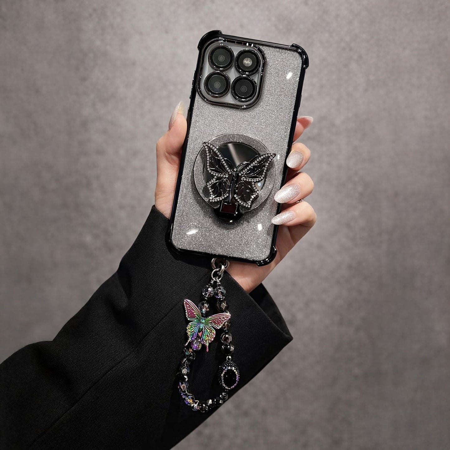 Motorola Edge 60 Pro 5G Shockproof Shimmer Butterfly Stand Case with Charm Strap