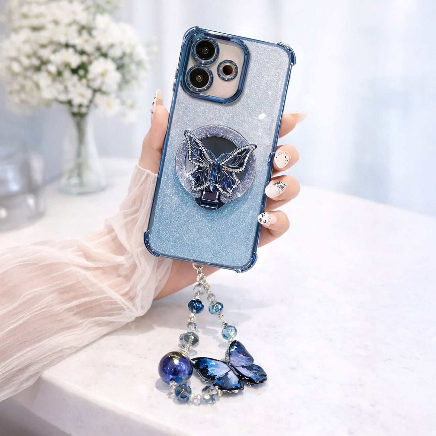 Oppo A5 Pro 5G Shockproof Shimmer Butterfly Stand Case with Charm Strap