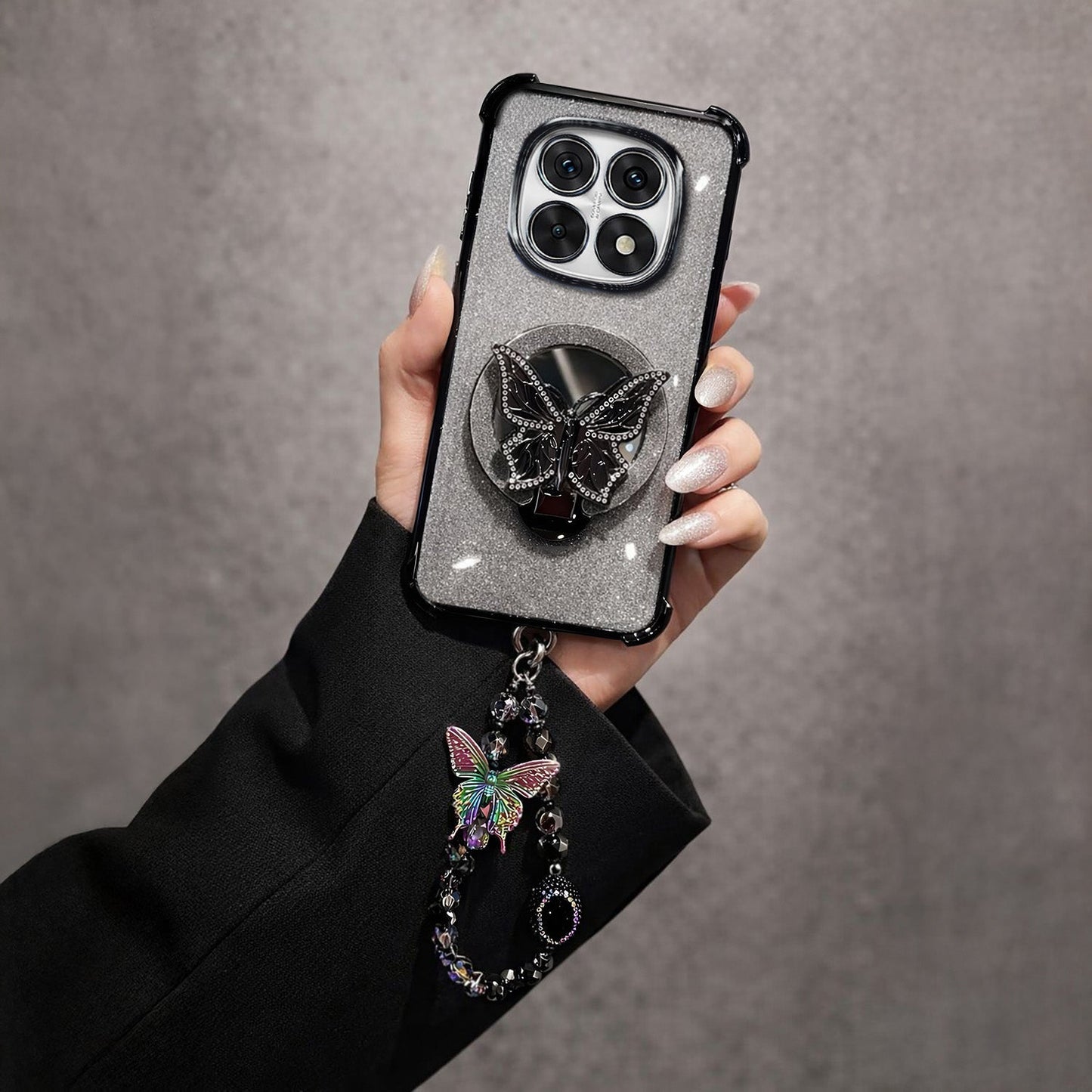 Oppo F29 Pro 5G Shockproof Shimmer Butterfly Stand Case with Charm Strap