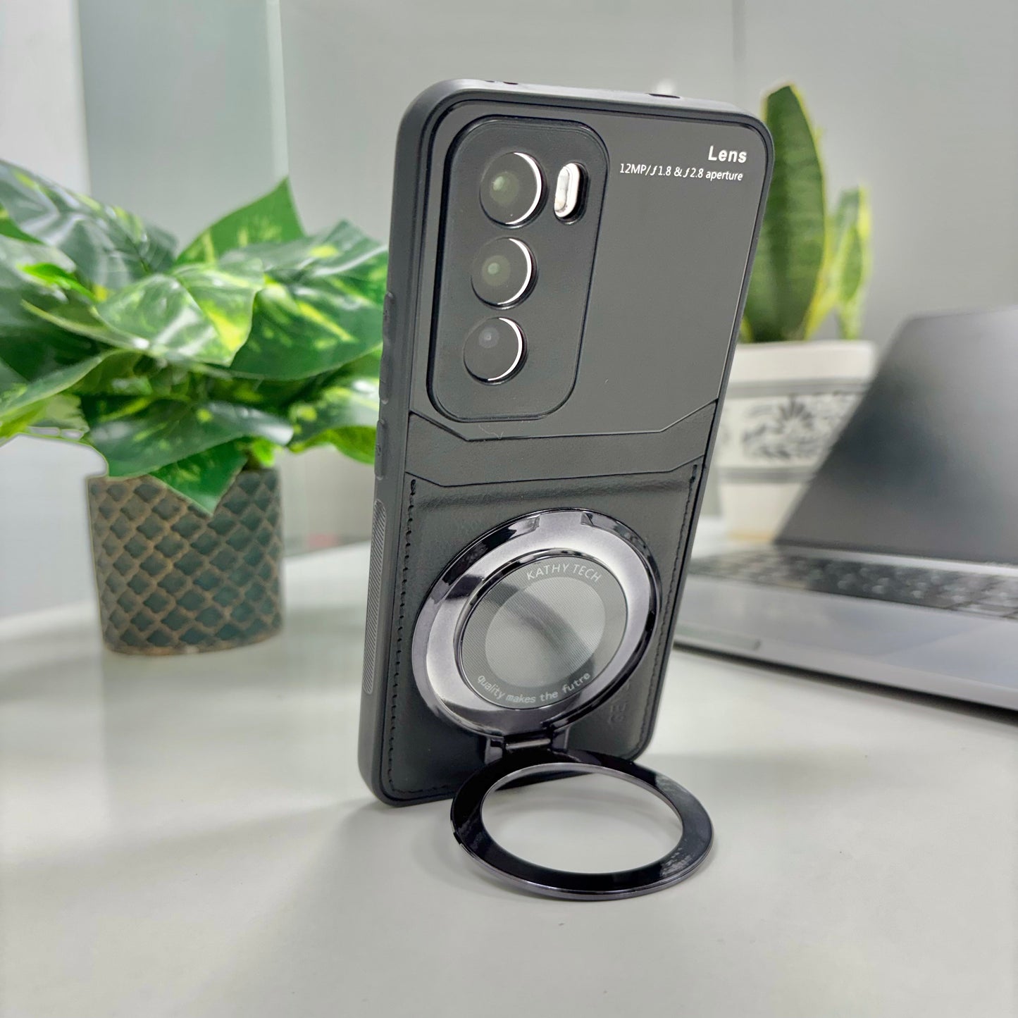 Oppo Reno12 Pro Original Luxury Leather Lens Magnifier Ring Stand Case