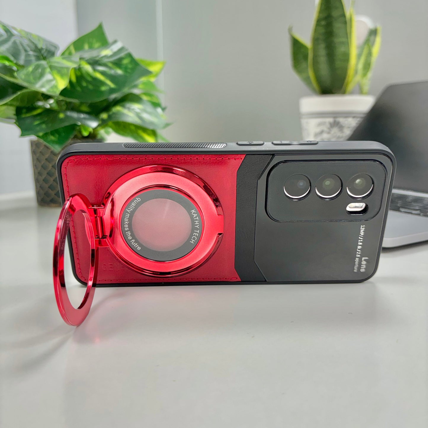Oppo Reno12 Pro Original Luxury Leather Lens Magnifier Ring Stand Case