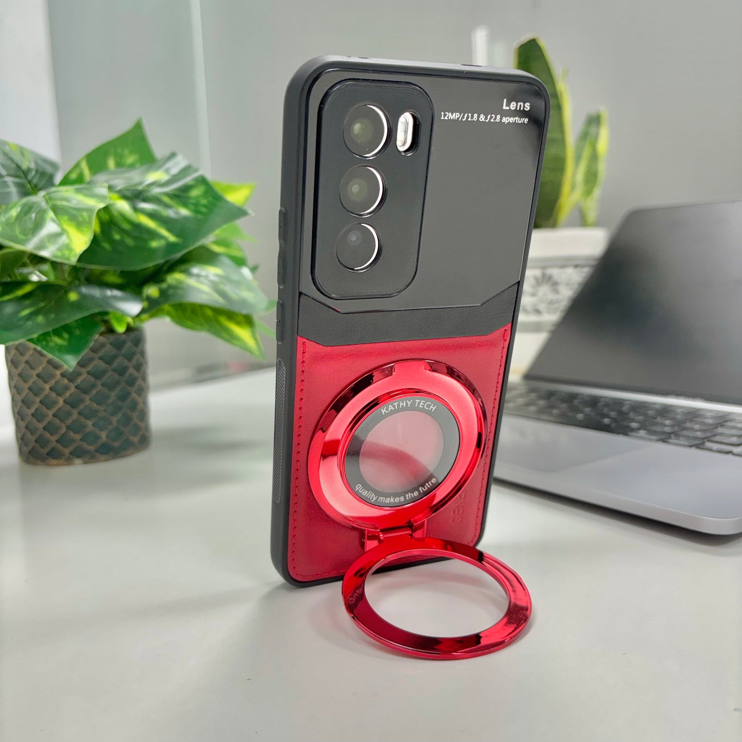 Oppo Reno12 Pro Original Luxury Leather Lens Magnifier Ring Stand Case