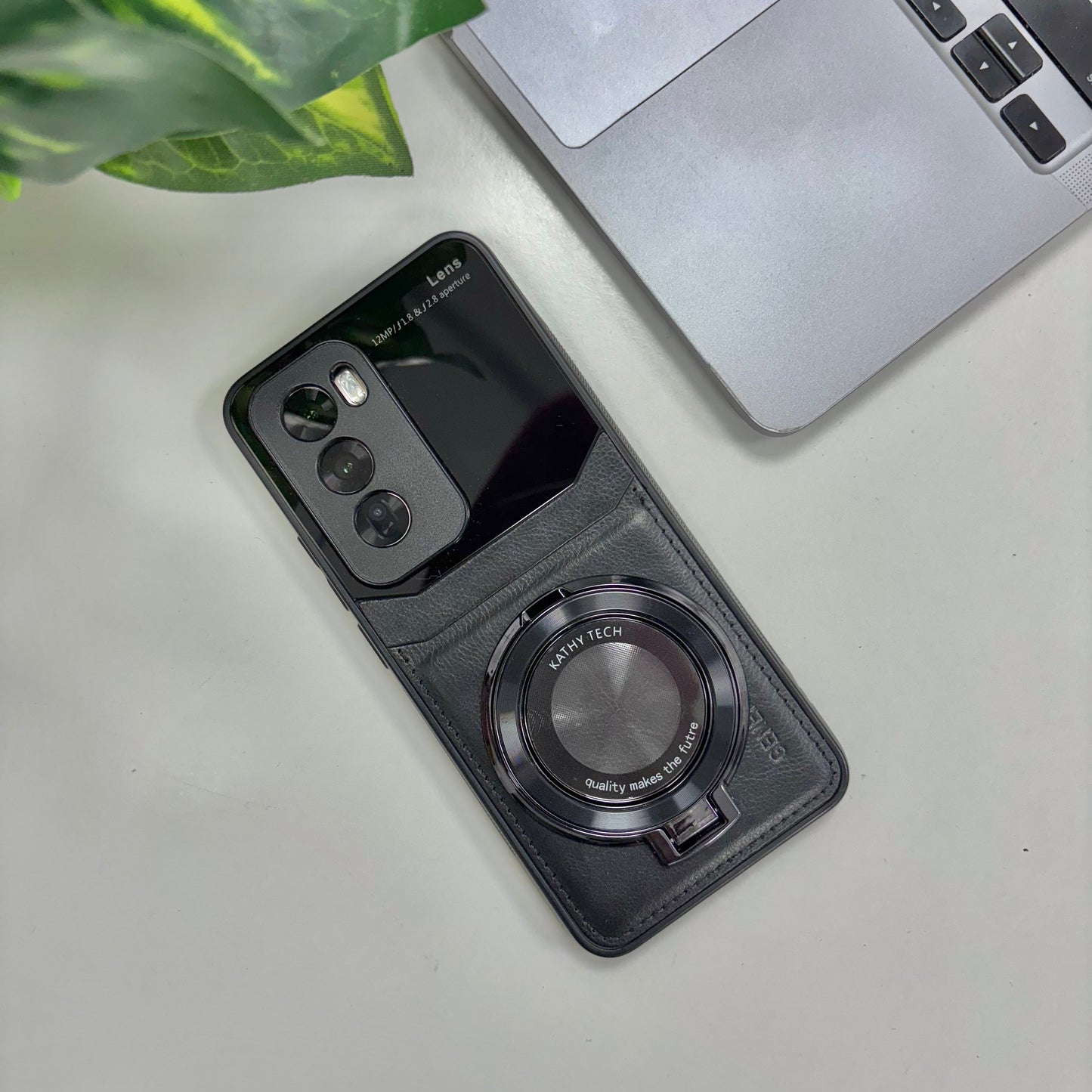 Oppo Reno12 Pro Original Luxury Leather Lens Magnifier Ring Stand Case