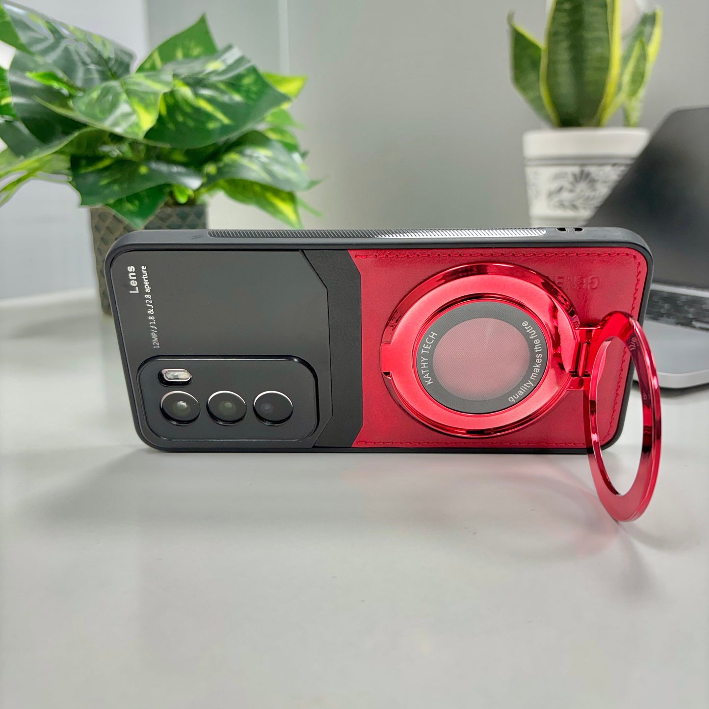 Oppo Reno12 Pro Original Luxury Leather Lens Magnifier Ring Stand Case