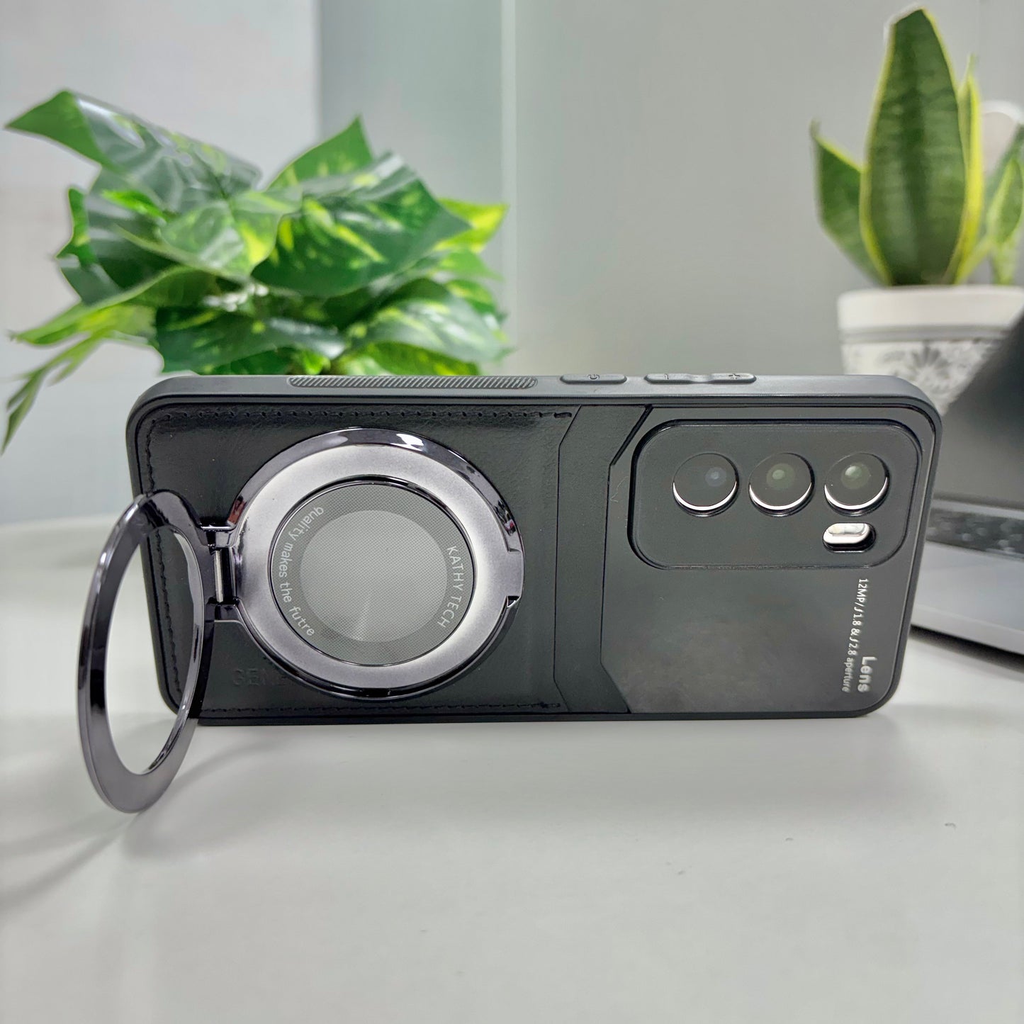 Oppo Reno12 Pro Original Luxury Leather Lens Magnifier Ring Stand Case