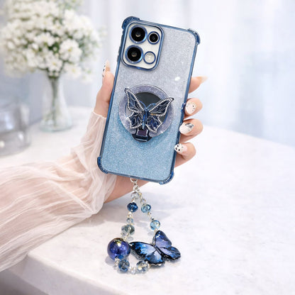 Oppo Reno 13 5G Shockproof Shimmer Butterfly Stand Case with Charm Strap