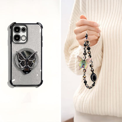 Oppo Reno 13 5G Shockproof Shimmer Butterfly Stand Case with Charm Strap