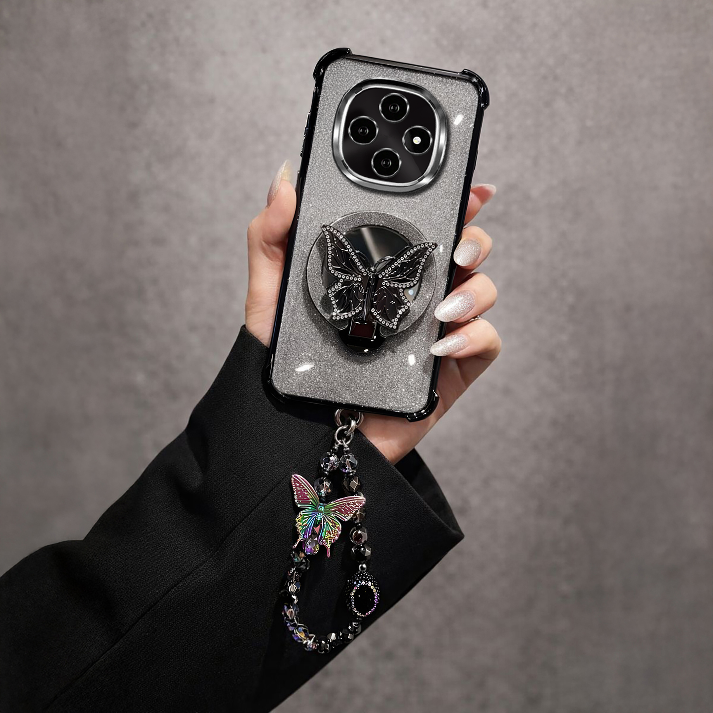 Oppo F31 Pro 5G Shockproof Shimmer Butterfly Stand Case with Charm Strap