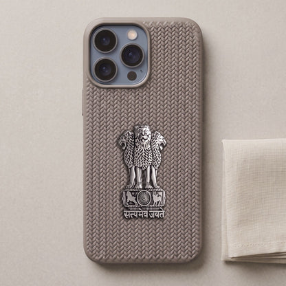 iPhone 13 Series Knit Pattern Metal Satyamev Jayate Silicone Case