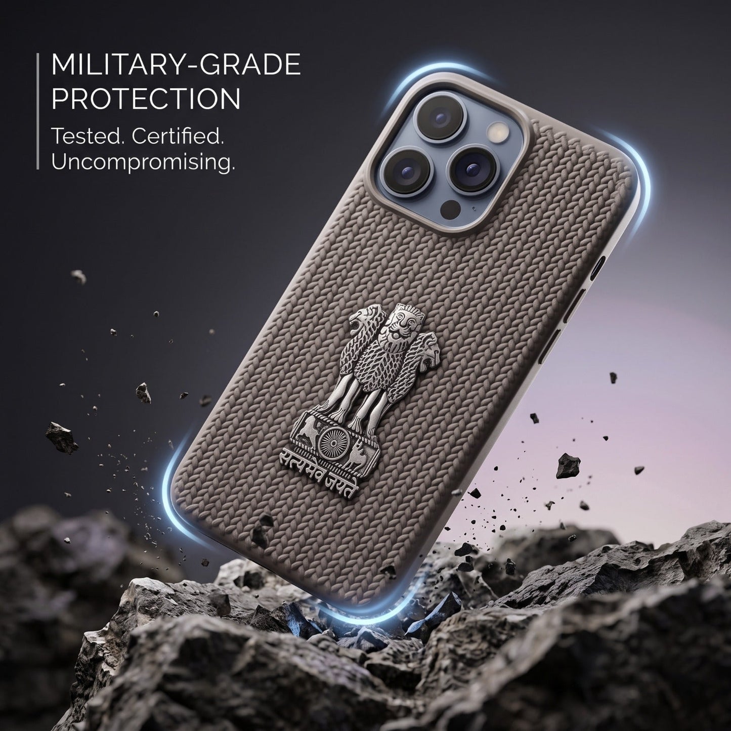 iPhone 13 Series Knit Pattern Metal Satyamev Jayate Silicone Case