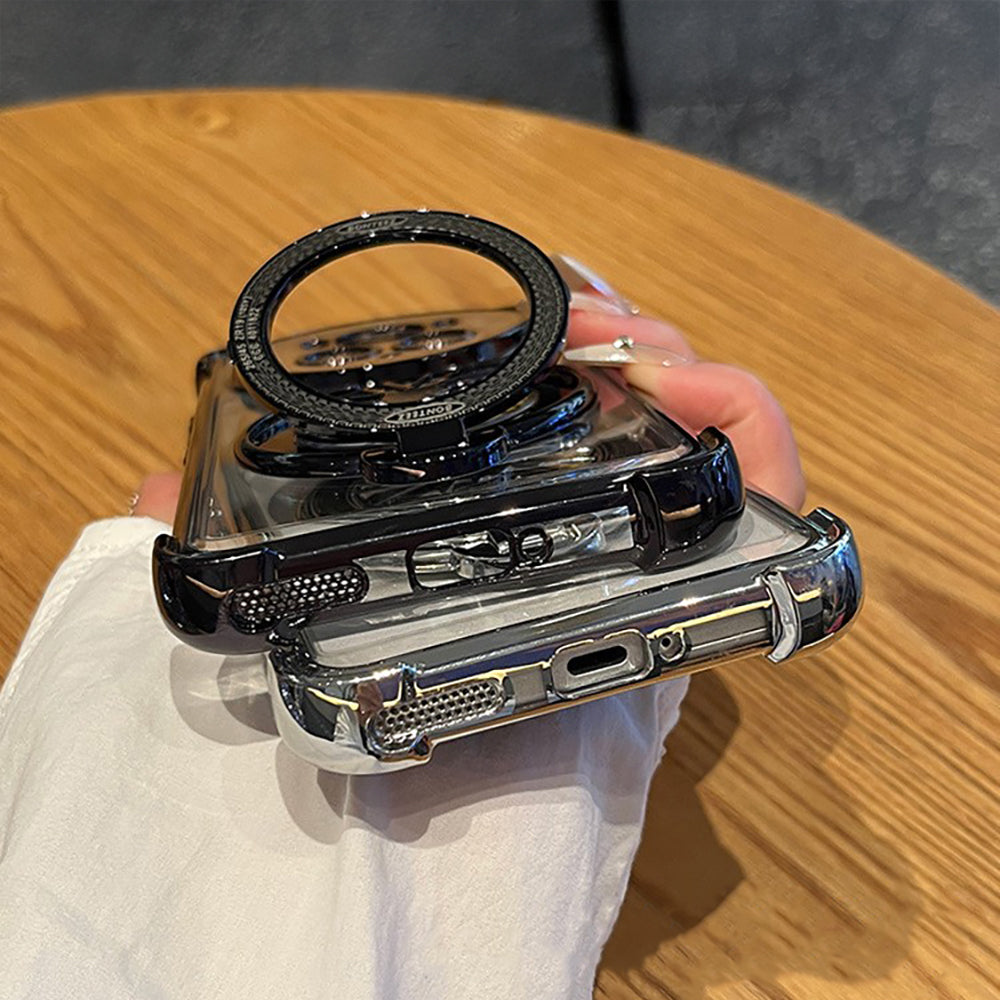 Stylish clear case for Realme 14 Pro+ 5G with built-in rotating ring and air-cushioned edges to guard against accidental falls.