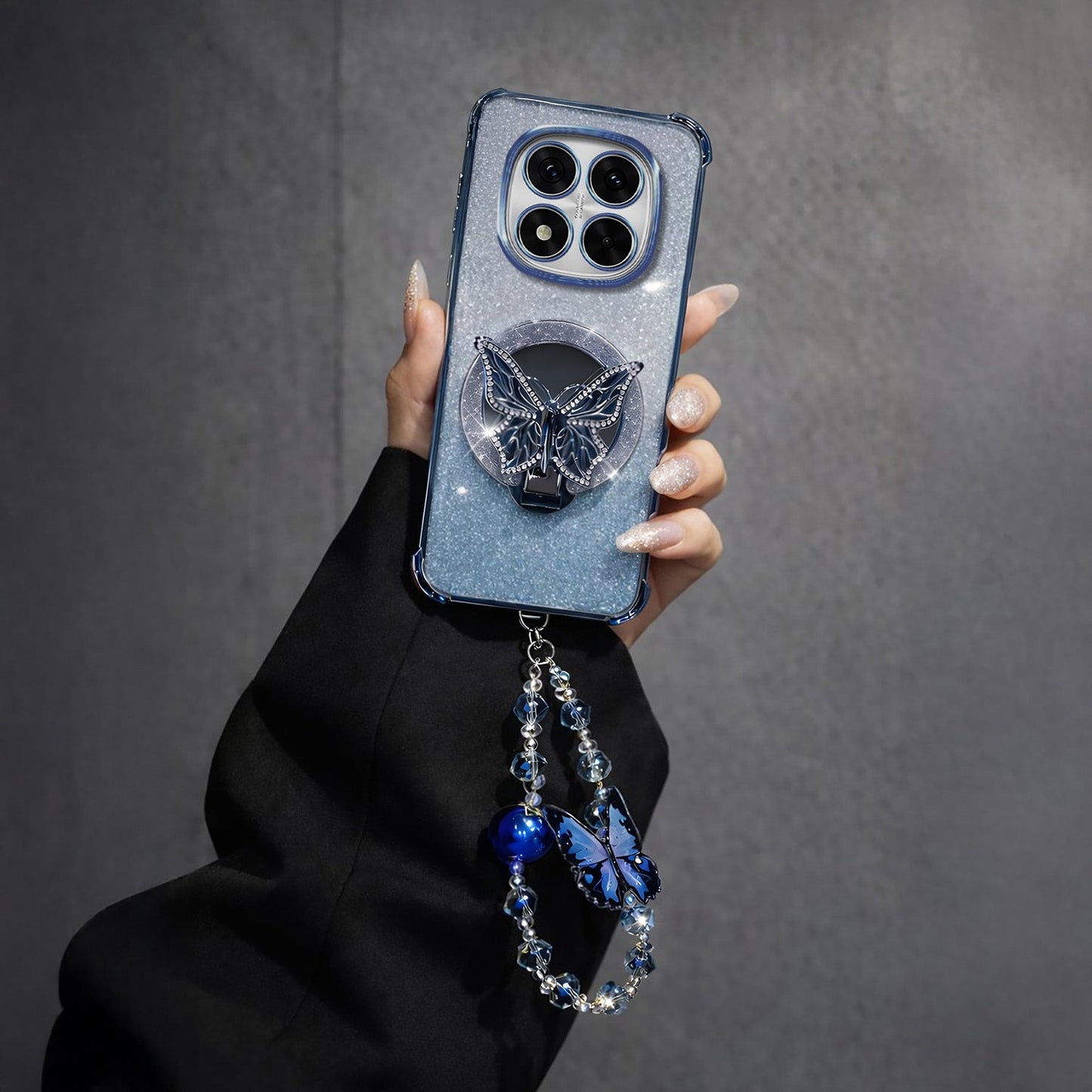 Redmi Note 14 Pro+ 5G Shockproof Shimmer Butterfly Stand Case with Charm Strap