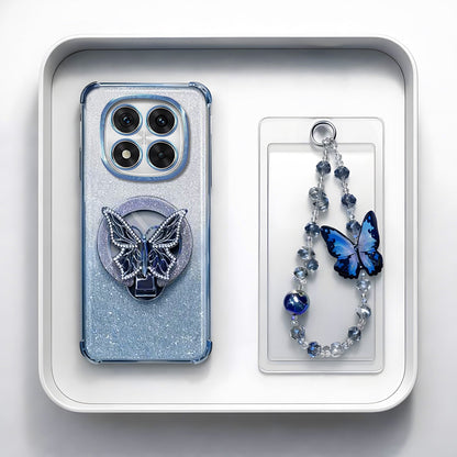 Redmi Note 14 Pro+ 5G Shockproof Shimmer Butterfly Stand Case with Charm Strap