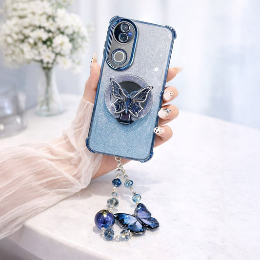 Vivo V50 5G Shockproof Shimmer Butterfly Stand Case with Charm Strap