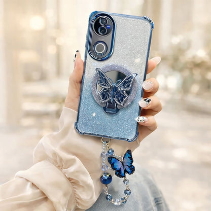 Vivo V50 5G Shockproof Shimmer Butterfly Stand Case with Charm Strap