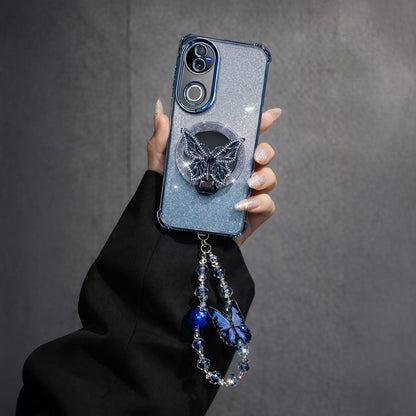 Vivo V50 5G Shockproof Shimmer Butterfly Stand Case with Charm Strap