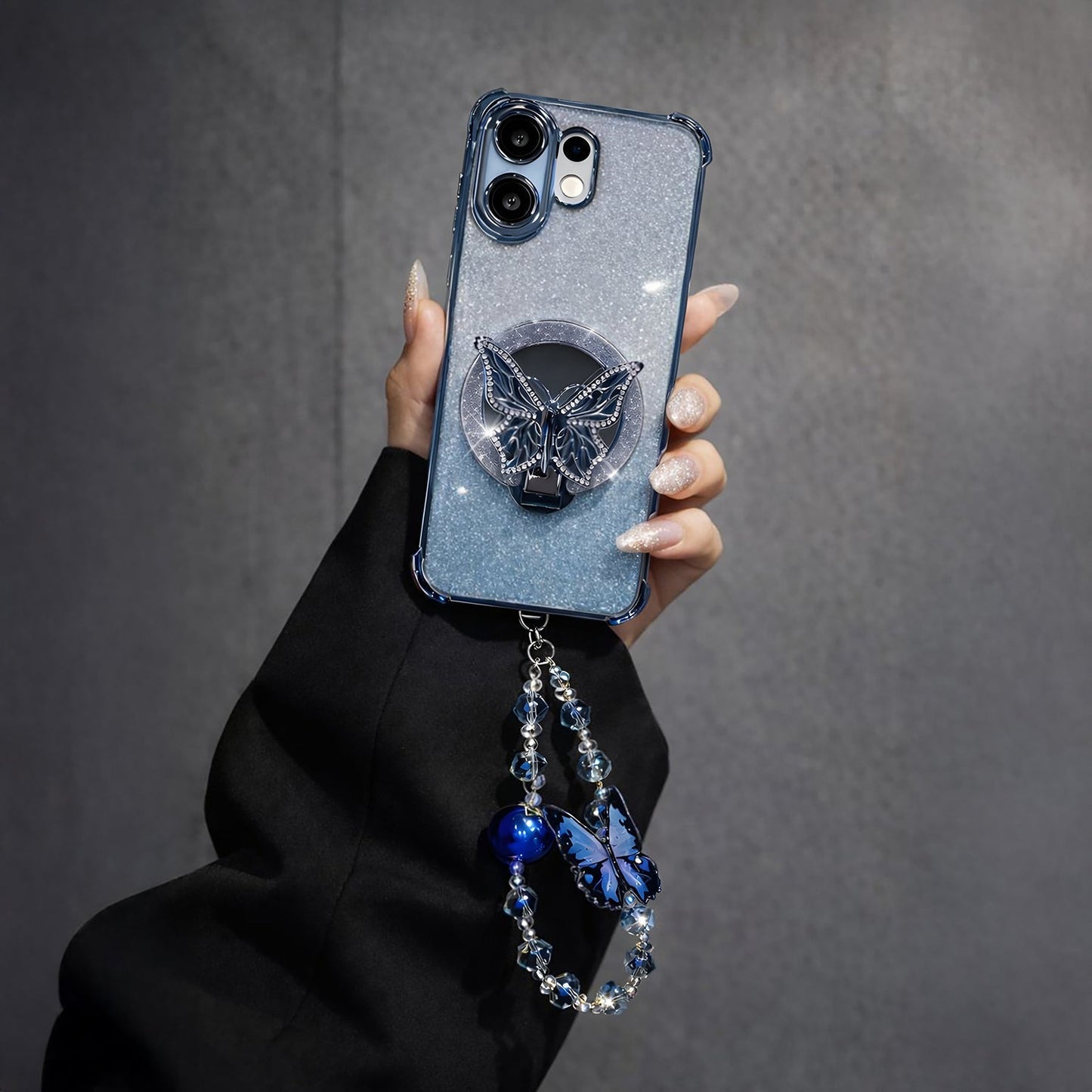 Vivo V60 5G Shockproof Shimmer Butterfly Stand Case with Charm Strap
