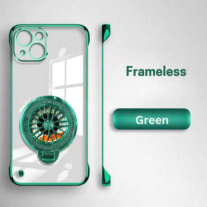 iPhone 15 Plus Green frameless phone case with clear back on a light gray background