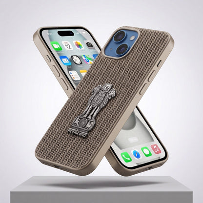 iPhone 14 Series Knit Pattern Metal Satyamev Jayate Silicone Case