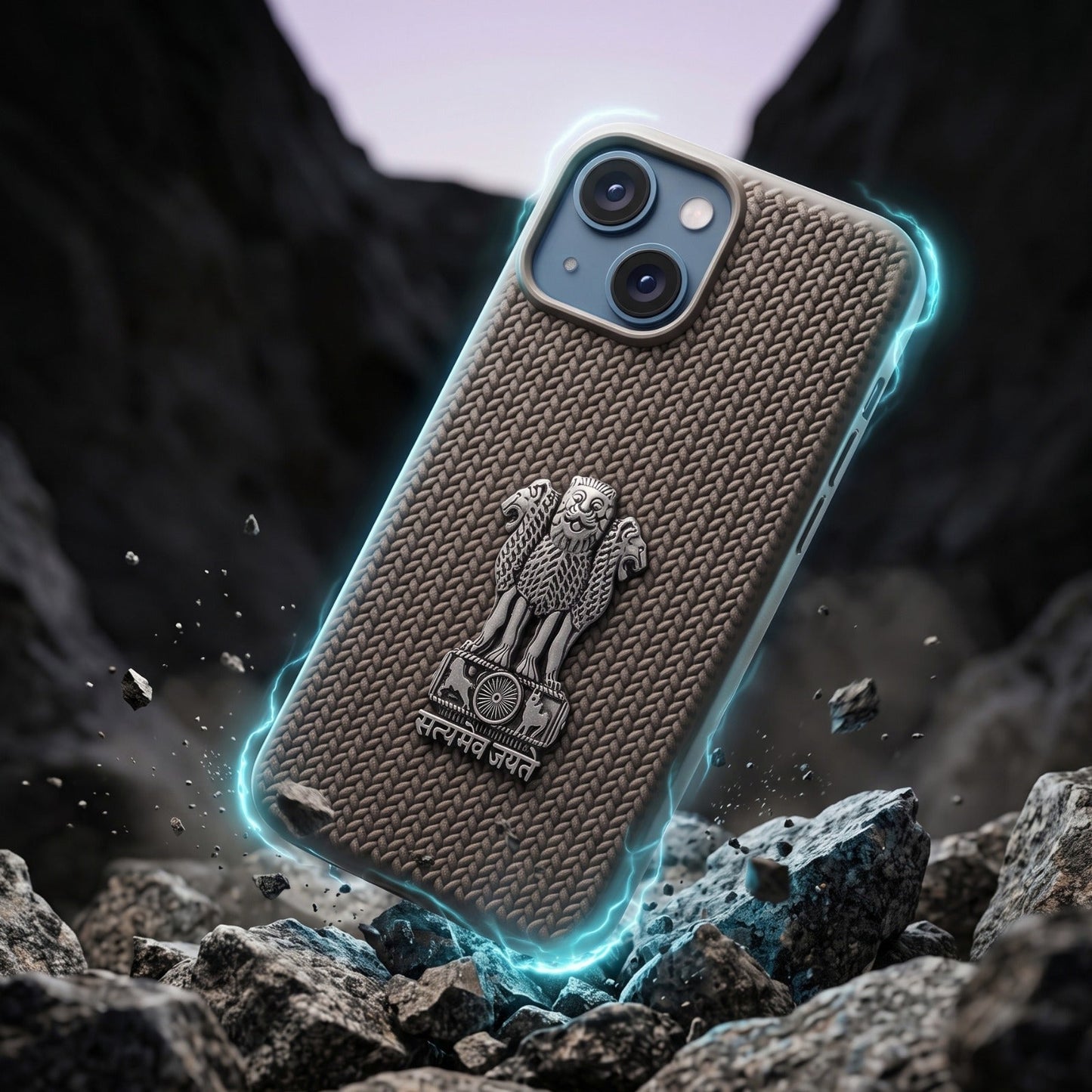 iPhone 14 Series Knit Pattern Metal Satyamev Jayate Silicone Case