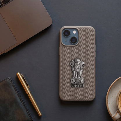 iPhone 14 Series Knit Pattern Metal Satyamev Jayate Silicone Case