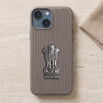 iPhone 14 Series Knit Pattern Metal Satyamev Jayate Silicone Case